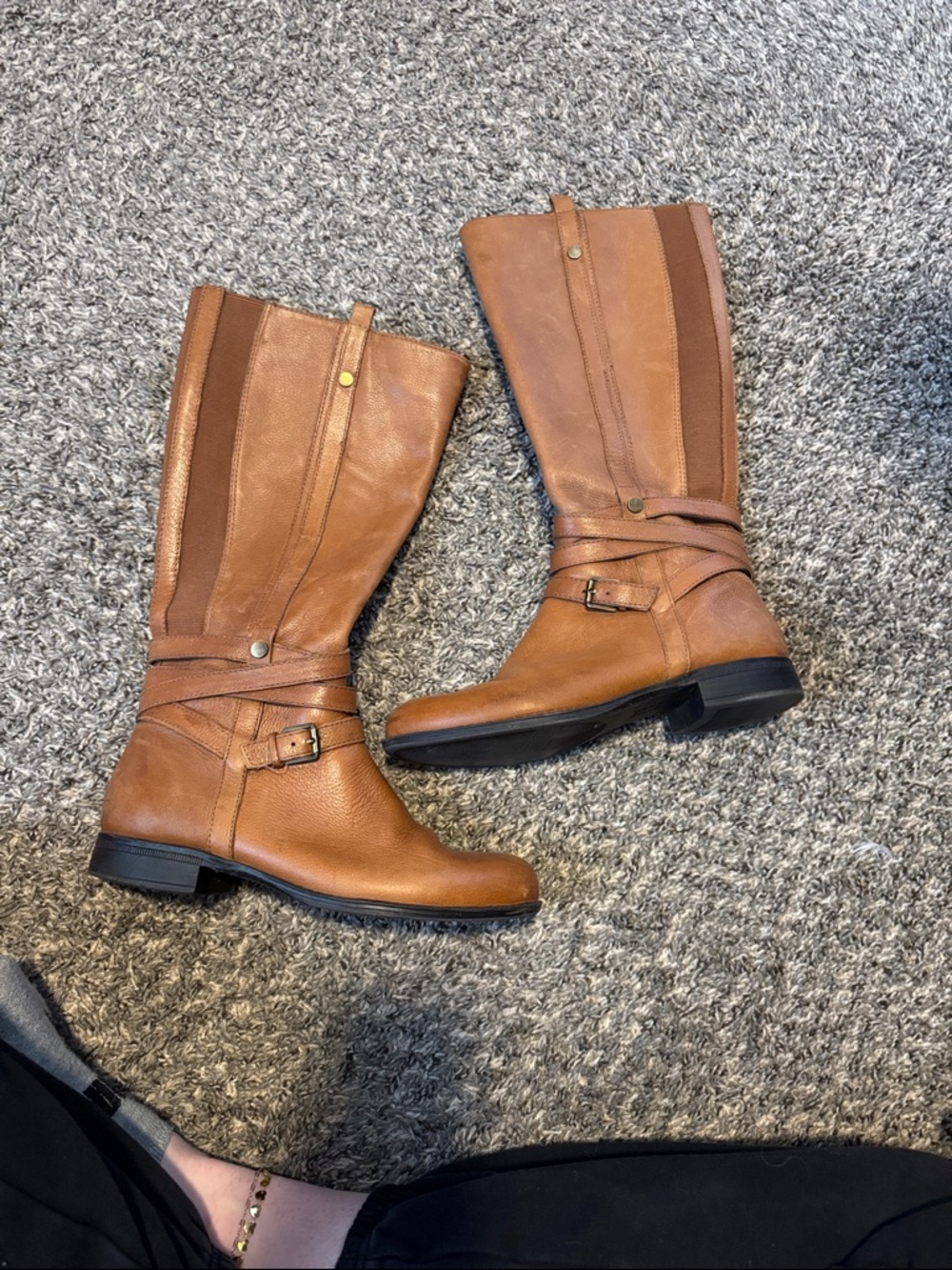 Naturalizer Cognac Brown Mid-Calf Riding Boots with Wrap Strap